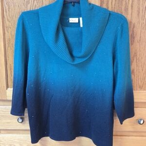 Womens Kim Rogers Teal Ombré Bejeweled 3/4 Sleeve Sweater Size L Stylish